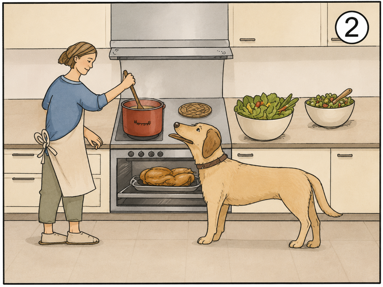 Frau kocht in der Küche, Hund schaut zu, Braten im Ofen, Salate auf der Arbeitsfläche